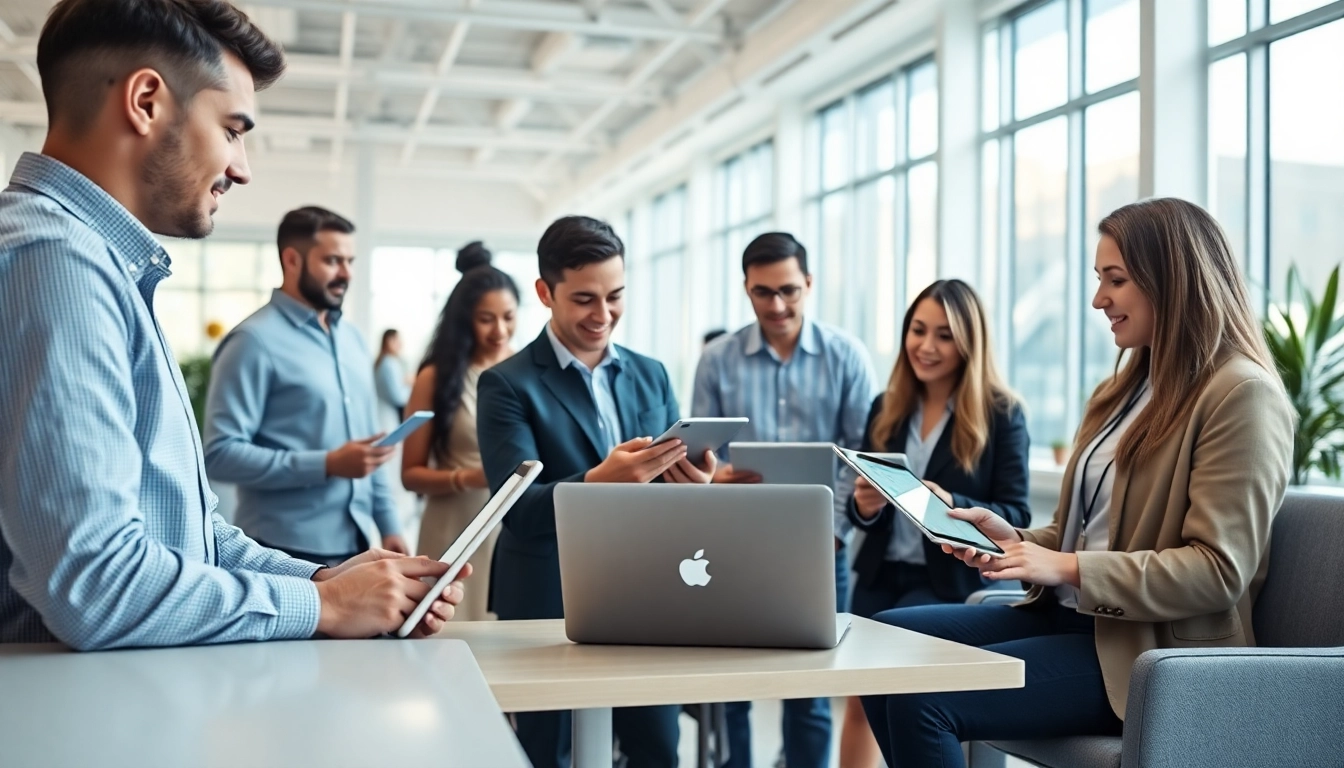 Engaged team utilizing enterprise assistant software in a bright office environment.