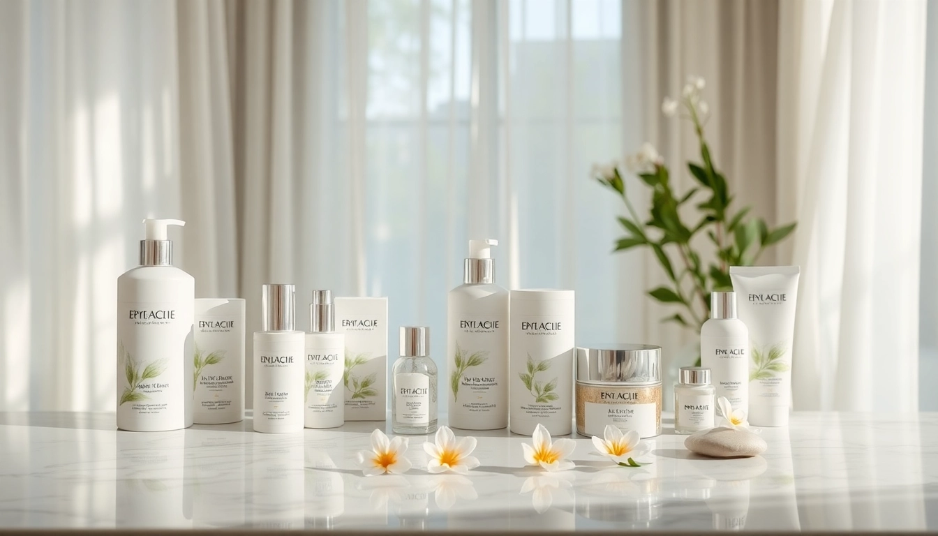 Anti-aging hudvårdsprodukter i en lugn spa-miljö.