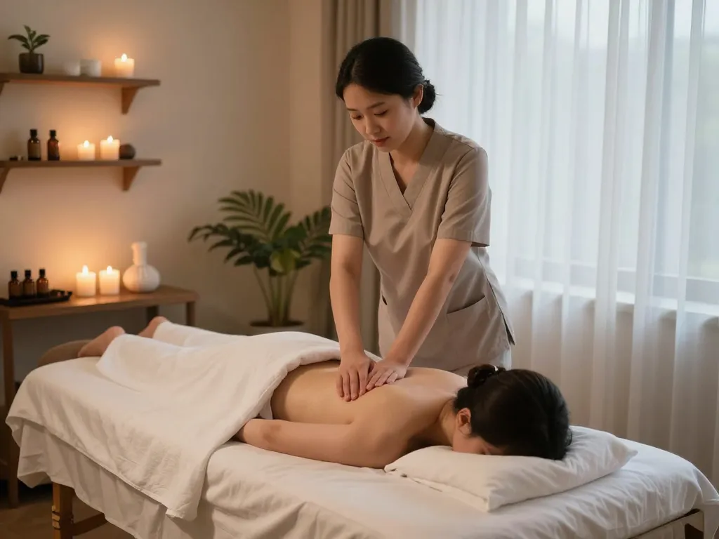 편안한 조명, 에센셜 오일, 그리고 차분한 장식이 있는 치평동마사지 치료실