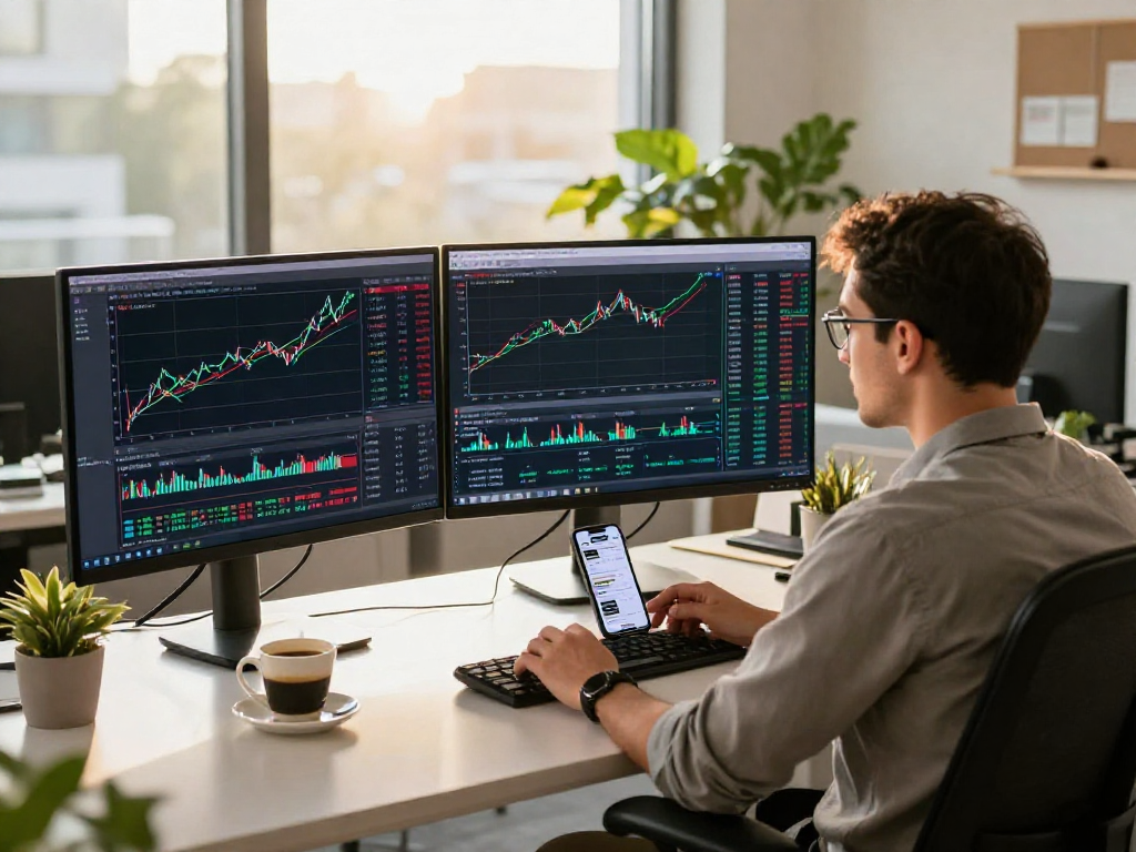 Engaged trader analyzing charts on MetaTrader 5 in a modern office workspace.