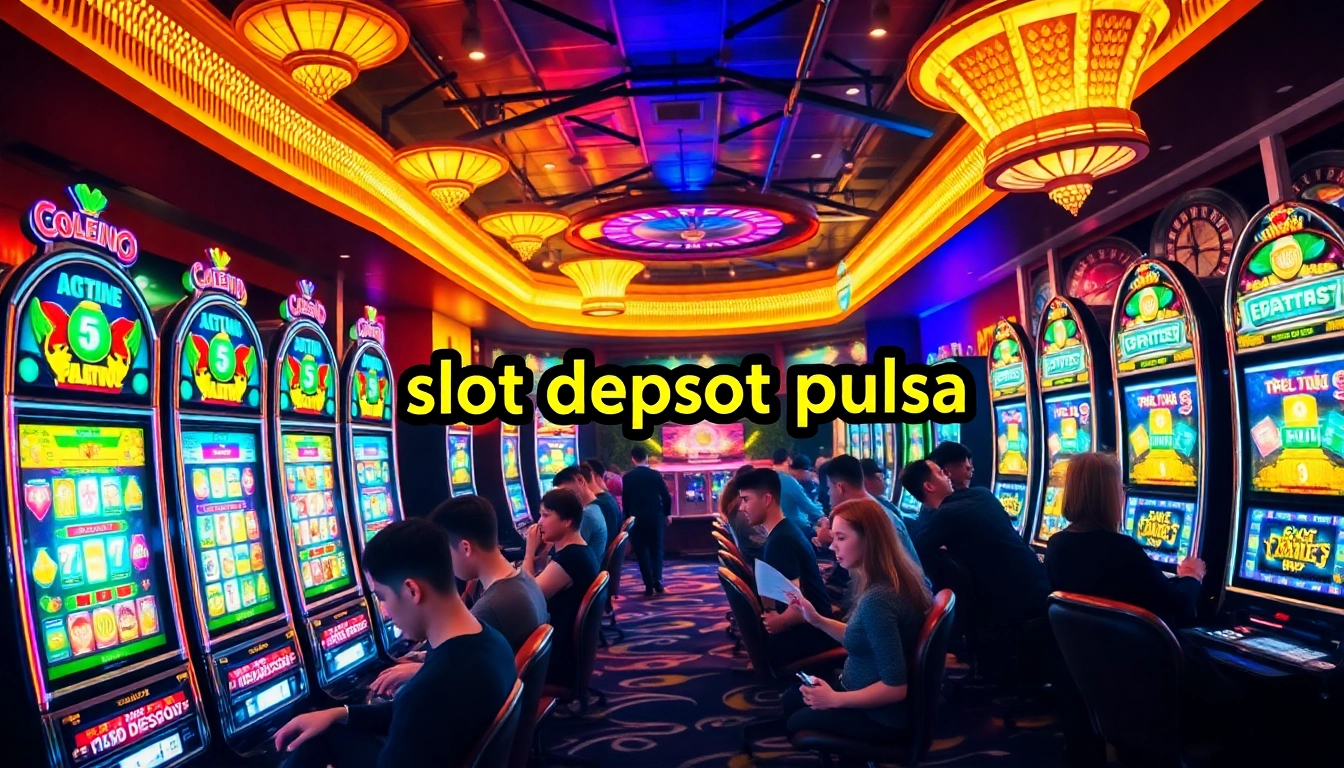 Adegan yang menarik yang menampilkan pemain berinteraksi dengan mesin slot deposit pulsa dalam suasana kasino yang dinamis.