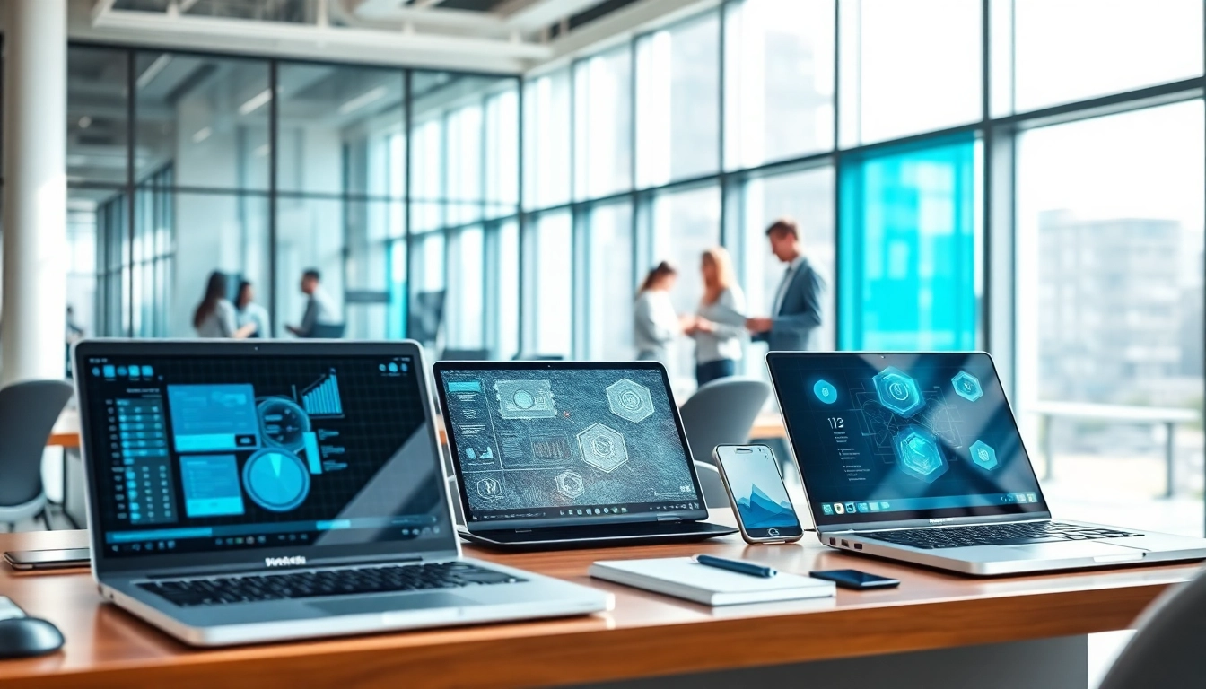 Technology workspace showcasing advanced gadgets and collaboration tools in an energetic atmosphere.