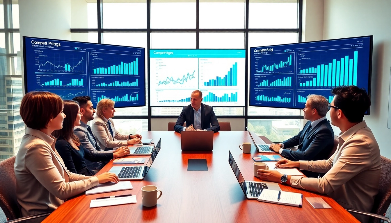 Analyze competitor pricing strategies in a professional business meeting environment.