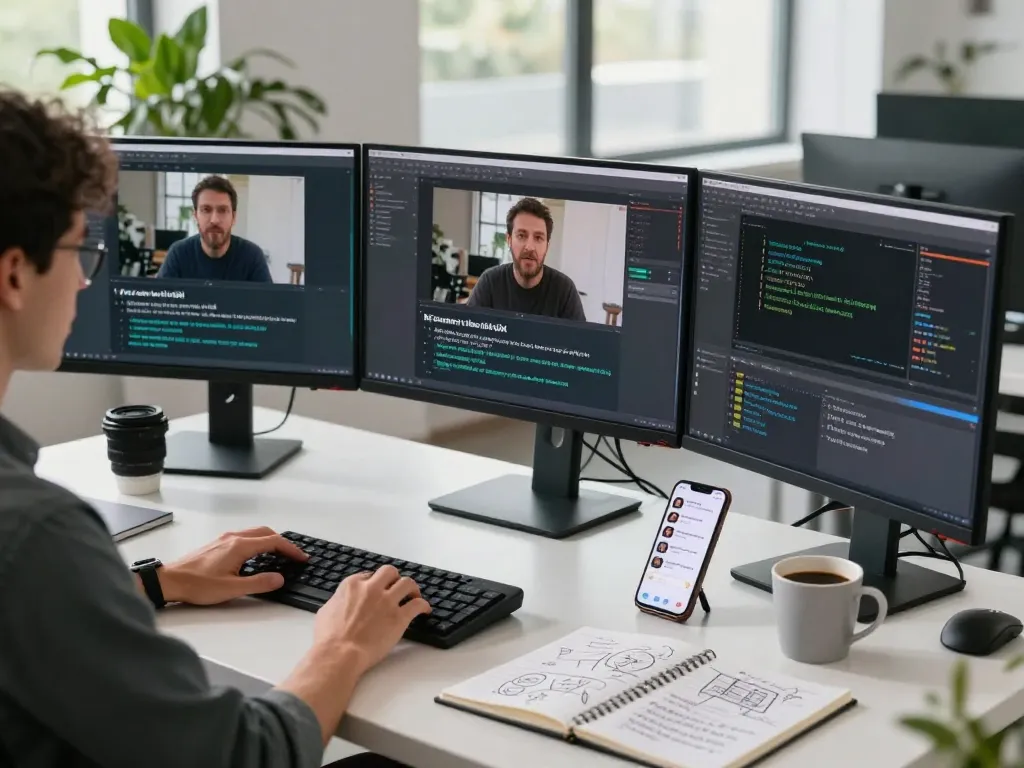 Video to prompt ai specialist analyzing video content on multiple screens in a modern workspace.
