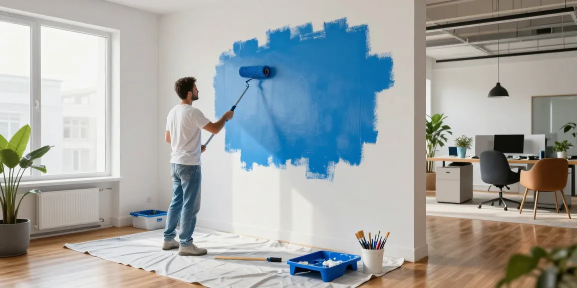 Commercial painters Sarasota County FL revitalizing office space with fresh blue paint.