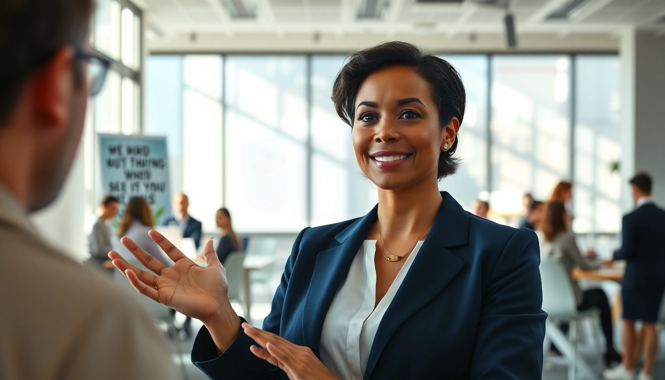 Woman demonstrating Executive Presence while presenting in a modern office setting.