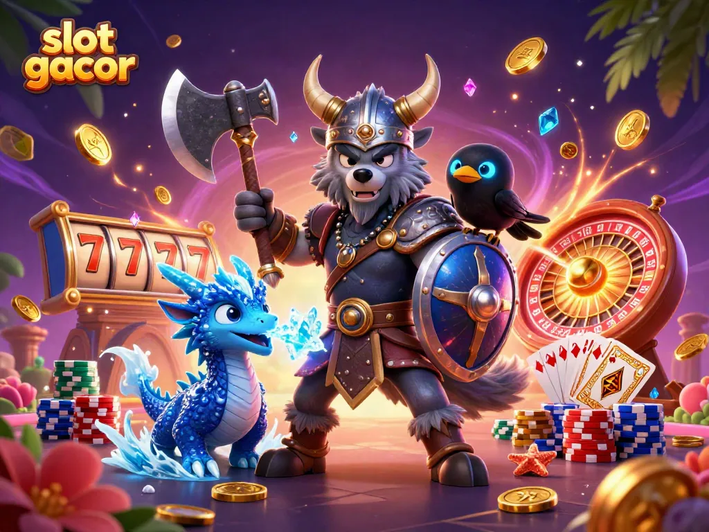 Experience the excitement of slot gacor with a powerful Viking wolf, dragon, and treasures.