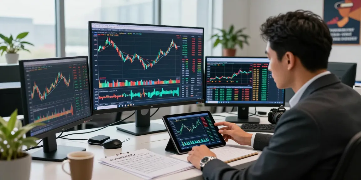 Trader analyzing an oil price live chart in a high-tech office surrounded by multiple monitors.
