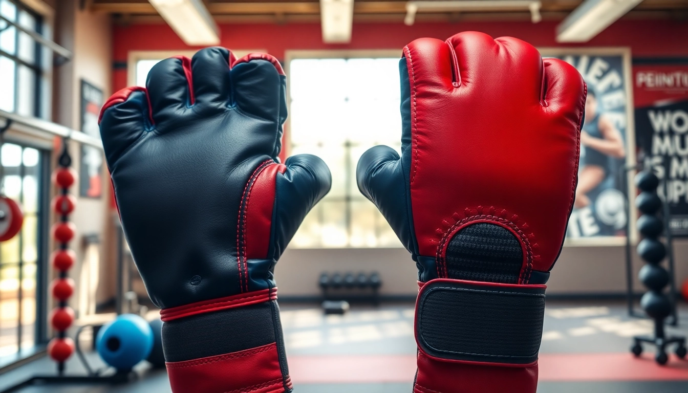 Erlebe MMA gloves in einem energiegeladenen Gym-Setting, das deren hochwertige Verarbeitung hervorhebt.