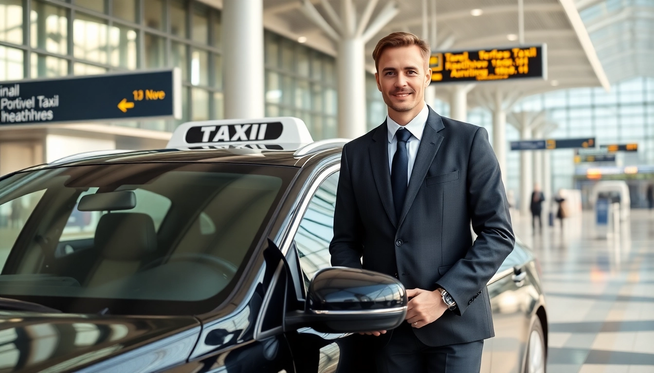 Professional Nottingham to Heathrow Taxi driver next to a luxury vehicle at the airport terminal.