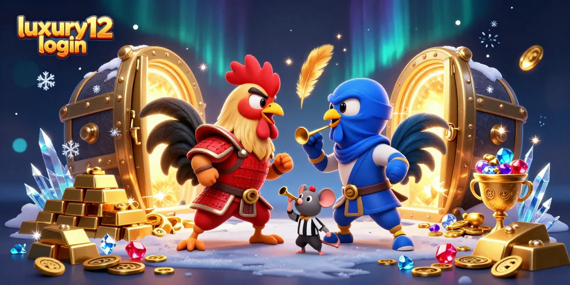 Engage with luxury12 login through an exciting gaming adventure with dynamic casino elements featuring cartoon roosters.