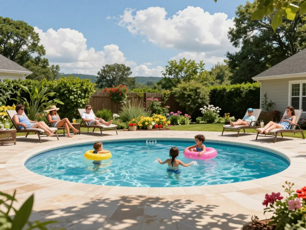 Dolphin Pool Services offers professional pool maintenance in a vibrant family backyard setting.