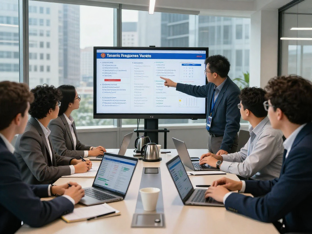 Strategists analyzing voter data for effective political ad buying during a meeting.