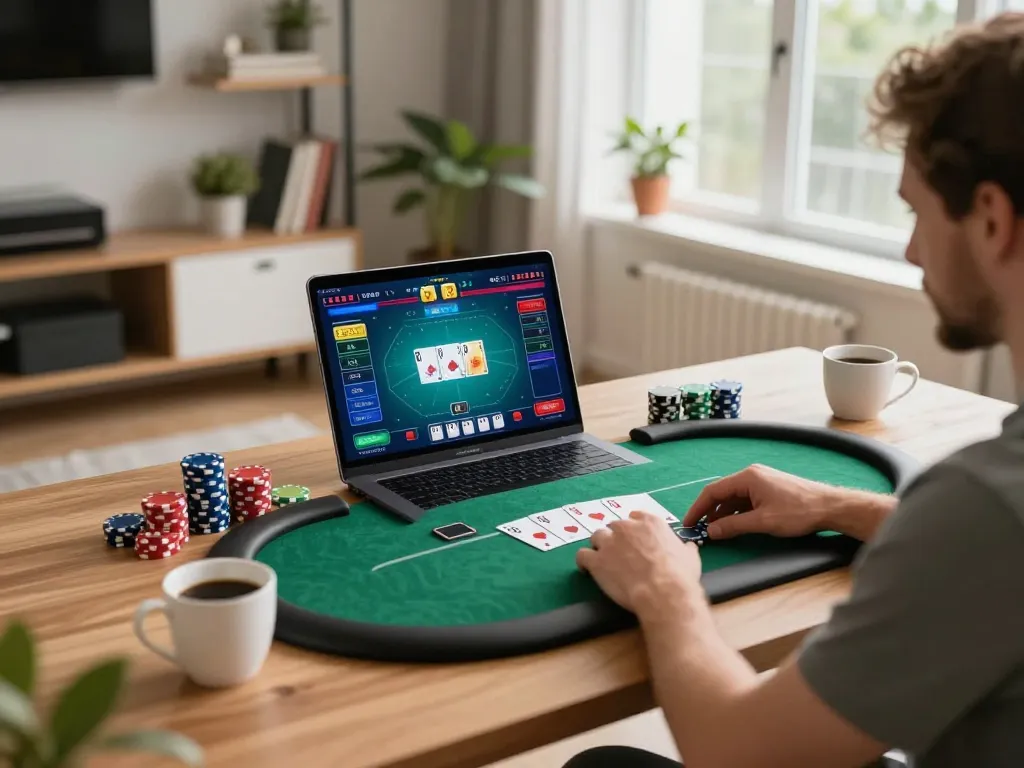 8kbetbh player strategizing poker bets while gaming online from home