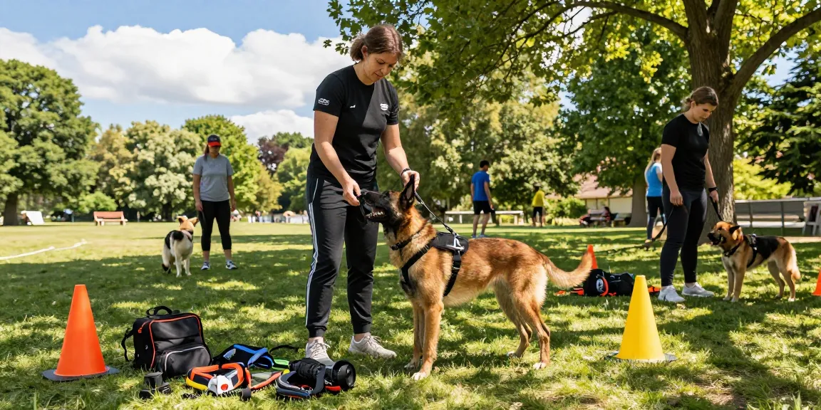 Engaging dog training with rokok88 slot tactical gear in a sunny park.