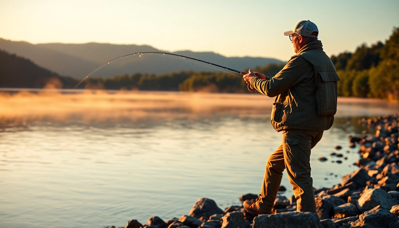 Angler fly fishing for bass on a tranquil lake, casting a line at sunrise.