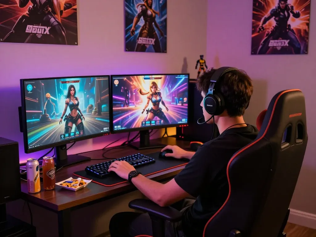Player engaging in ai porn games on dual monitors with vibrant visuals and ambiance.