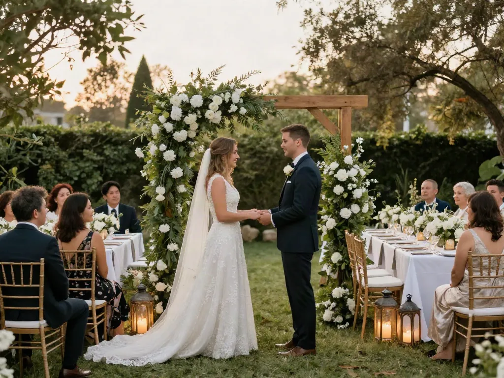 Event rentals for a beautiful outdoor wedding ceremony setup with floral decorations.