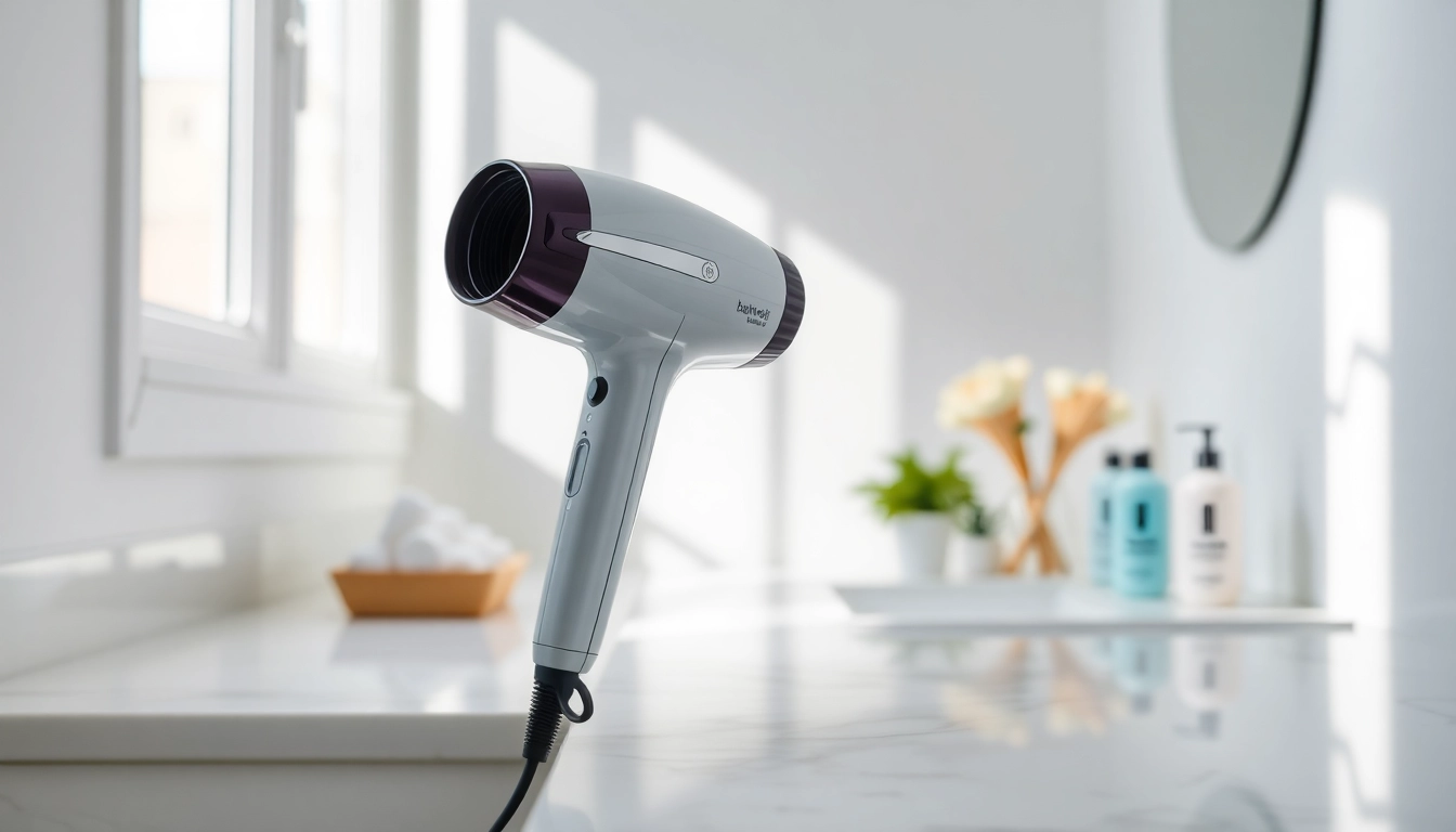 Hair dryer for frizzy hair elegantly showcased in a modern bathroom setting with soft lighting.