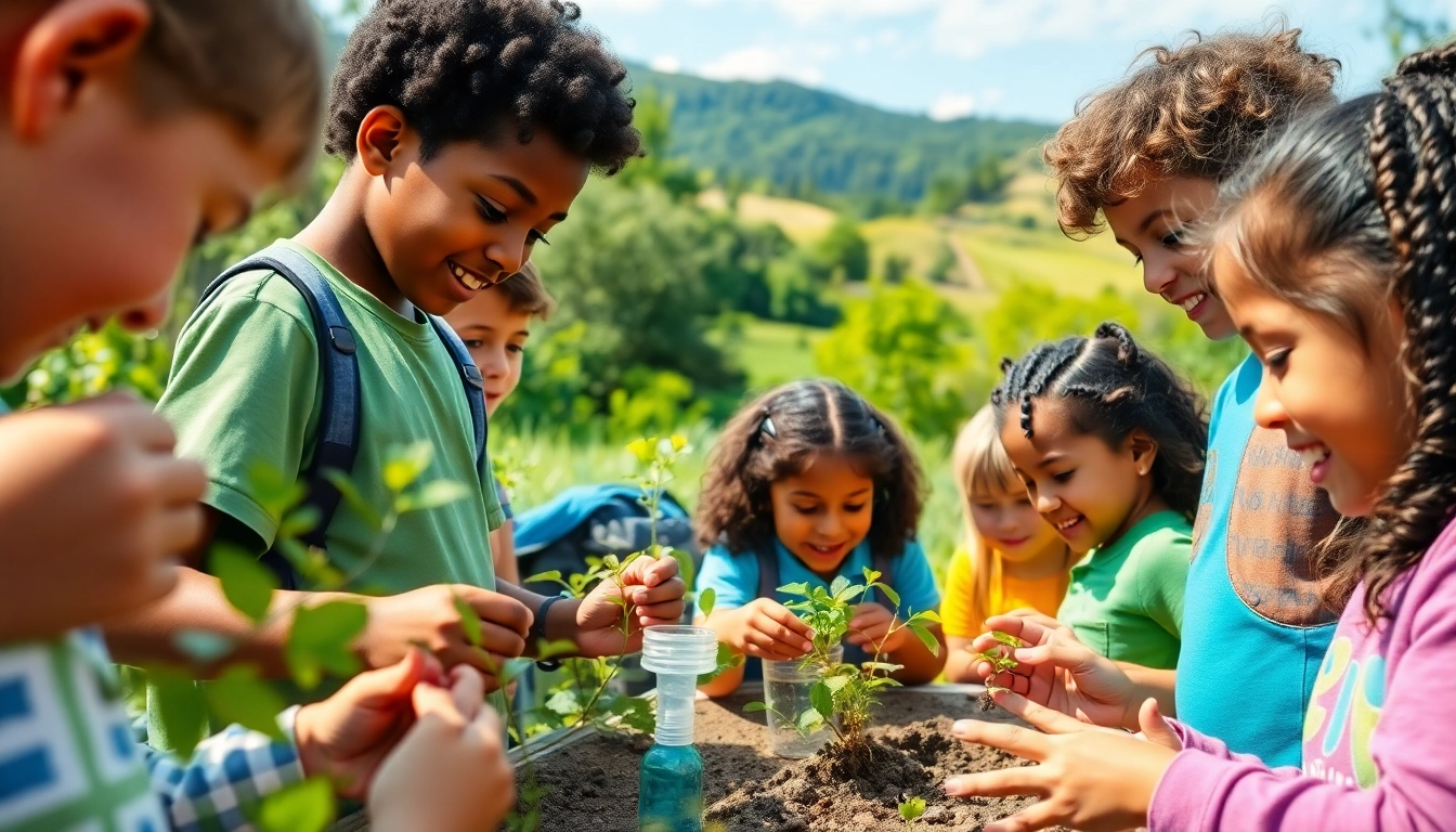 Children actively participating in a science and nature camp, exploring plants and wildlife.