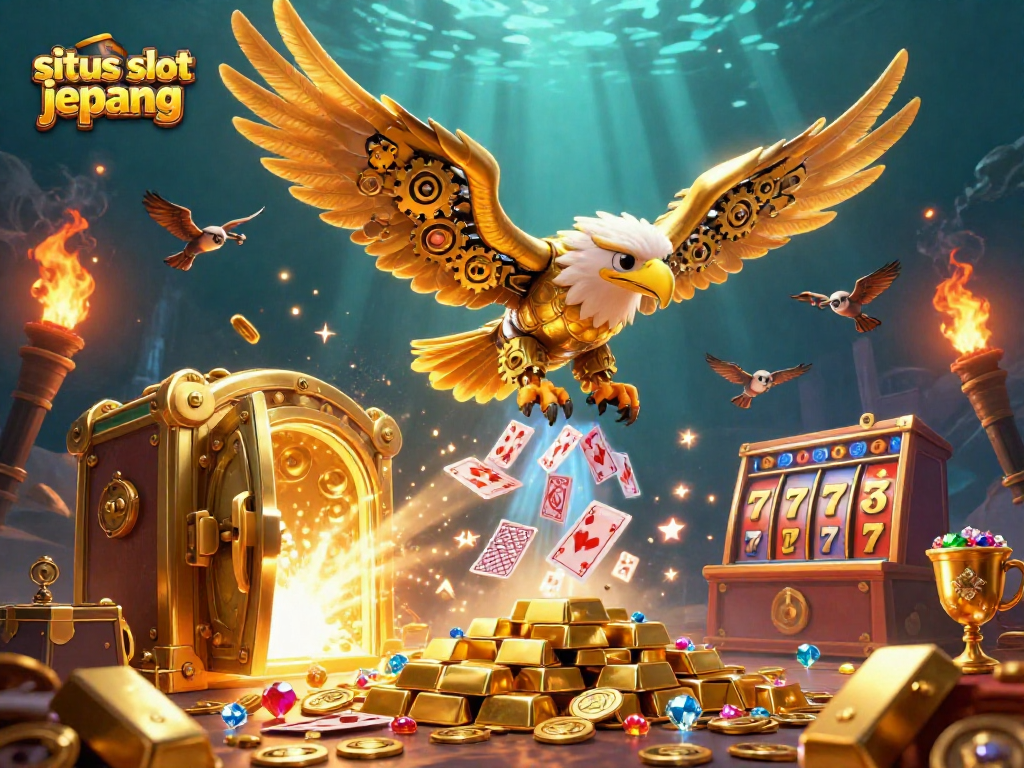 Experience the excitement of situs slot jepang with a dynamic 3D illustration of winning game elements.