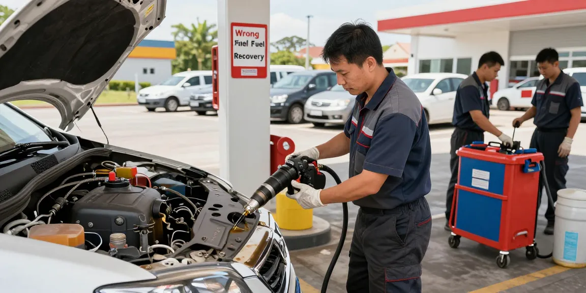 Contamination in fuel tank being resolved by a professional technician draining fuel at a roadside service, showcasing timely assistance.