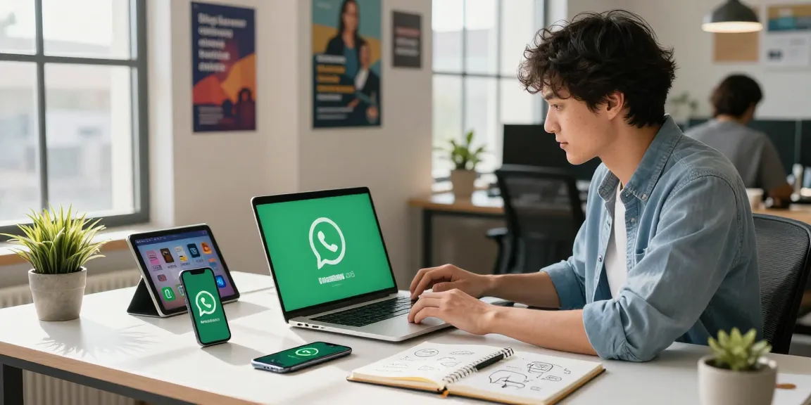 Downloading WhatsApp on a laptop in a modern workspace, showcasing connectivity and productivity.