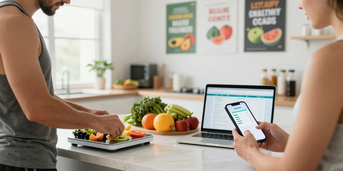 Logging meals with the best AI calorie tracker while weighing ingredients in a bright kitchen.