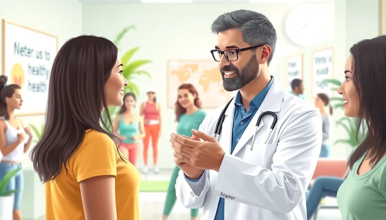 Promote Health: Doctor engaging with patient in a modern clinic for wellness.