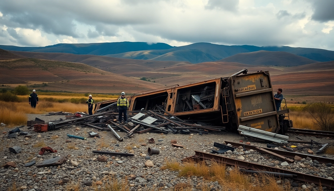 The aftermath of the spain train crash shows emergency responders amidst wreckage.
