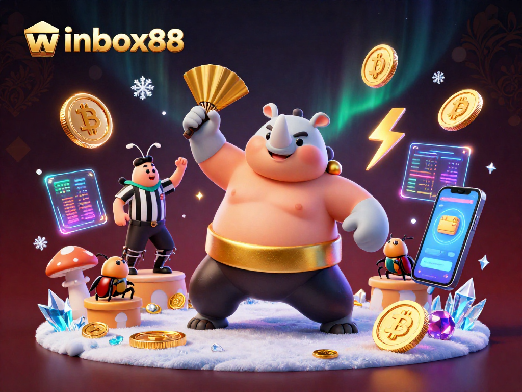 Winbox88 features a vibrant 3D scene showcasing a sumo beetle champion amidst dynamic gaming symbols and cryptocurrency