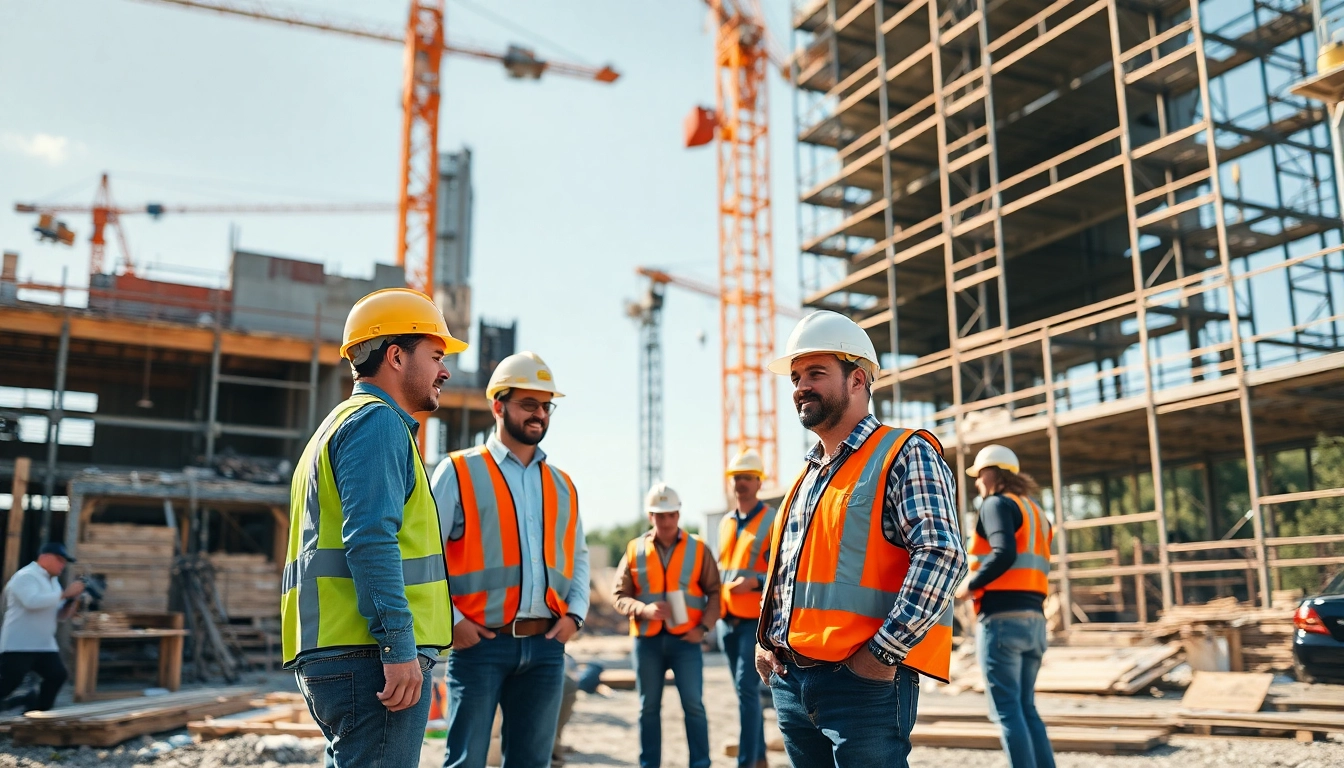 Workers engaged in Austin construction project, showcasing teamwork and safety gear on site.