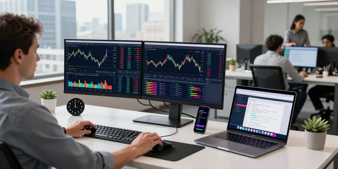 Developer working with a precious metal depth data API in a modern workspace, showcasing forex charts and coding.