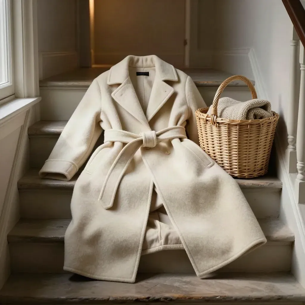Cream wool coat on a stair landing beside a woven basket and folded knit