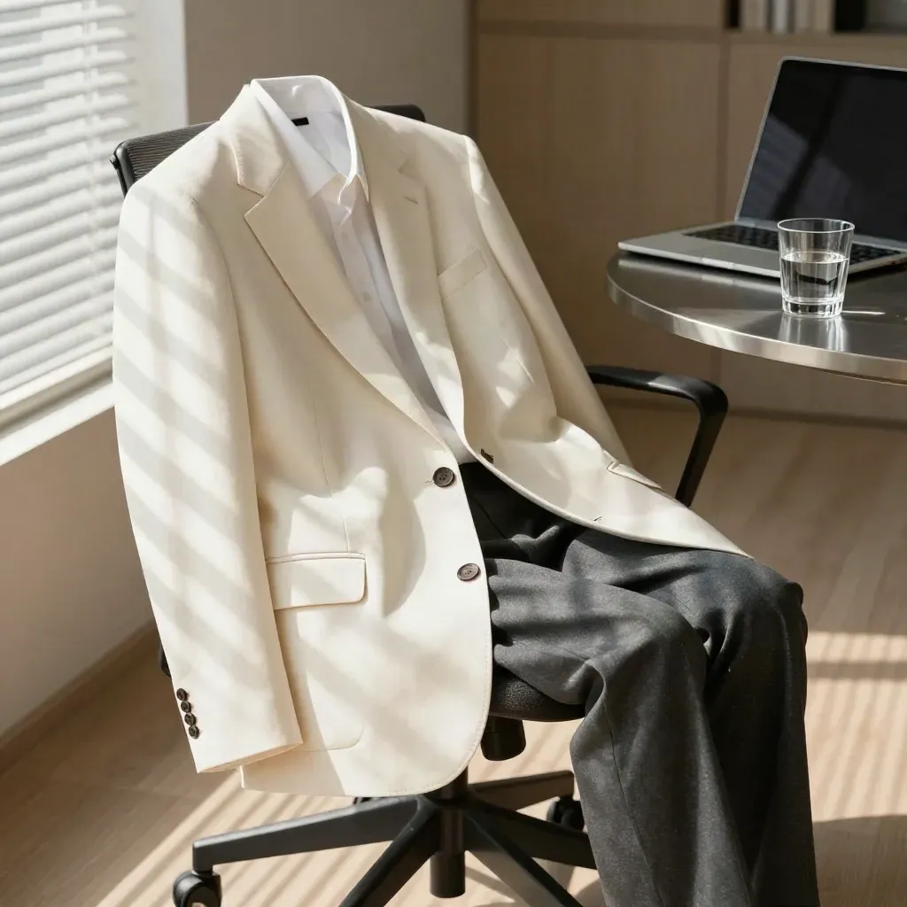 Charcoal office chair with ivory blazer, white shirt and graphite trousers in striped afternoon light.