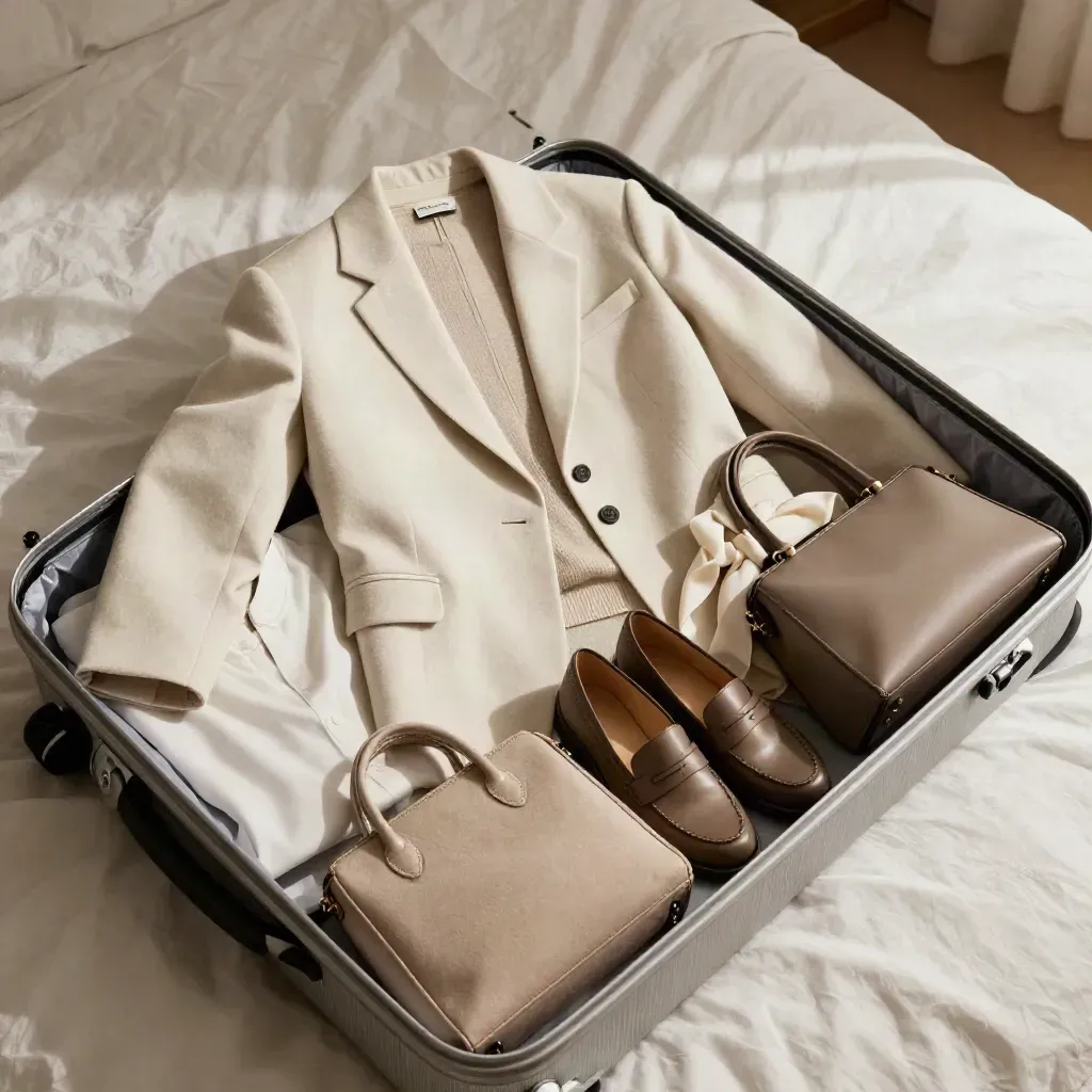 Open suitcase with seven capsule wardrobe pieces on ivory bedding, seen from above
