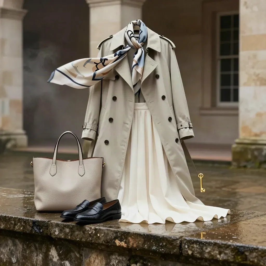 Rain-soaked fashion pieces layered on a stone plinth at dawn, scarf lifted by wind.