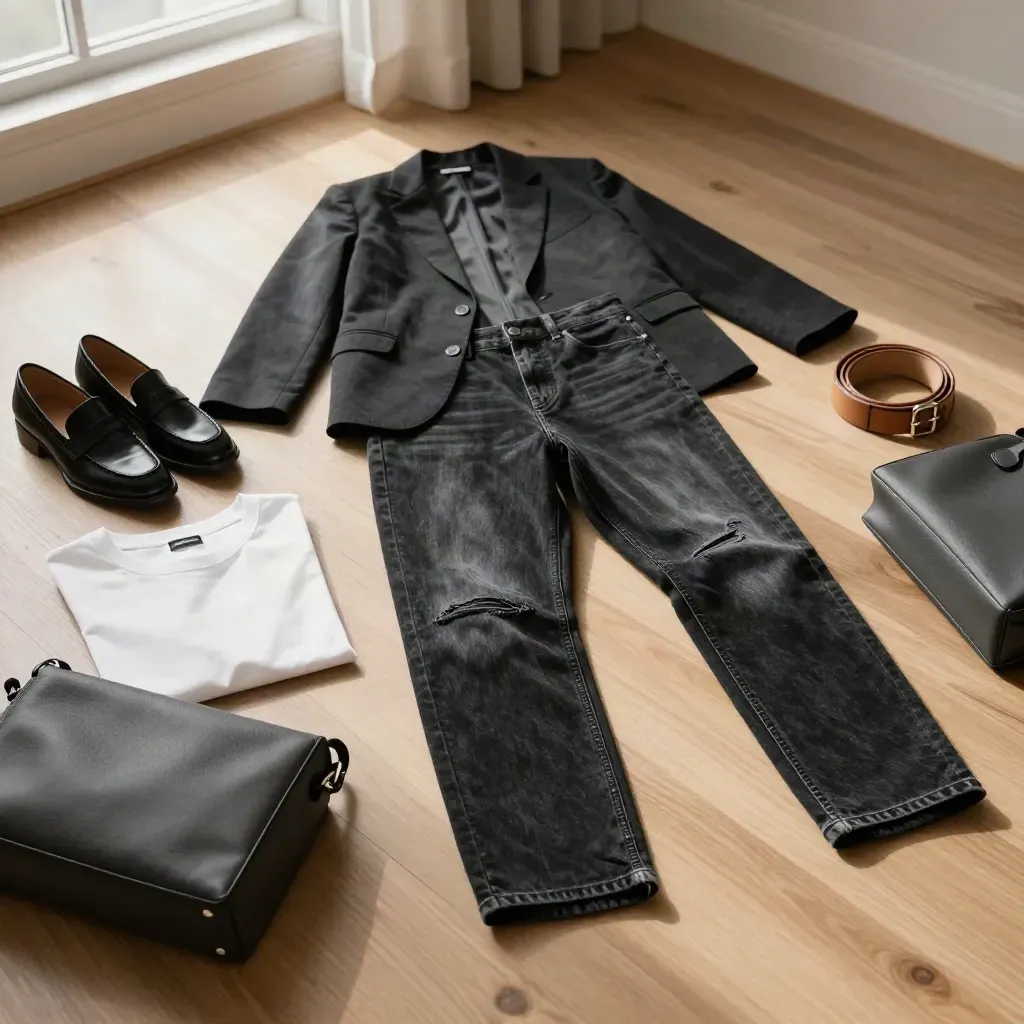 Black jeans styled five ways beside loafers, blazer, tee, belt, and bag on a sunlit floor.