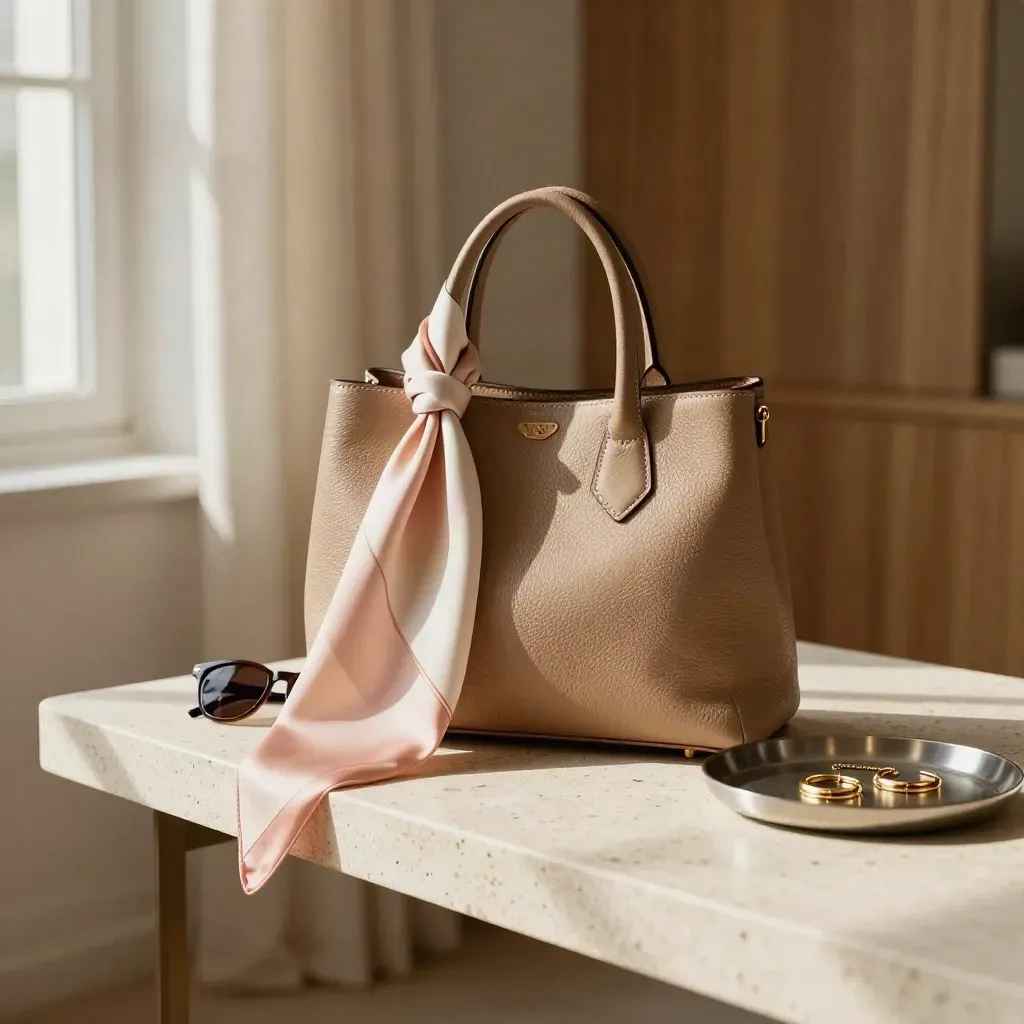 Blush silk scarf on a structured leather bag beside sunglasses and a jewelry tray in window light.