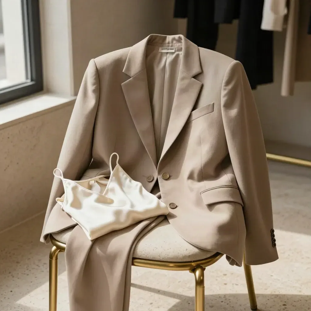 Blazer and trousers draped on a curved chair with a folded camisole in a travertine-toned scene.