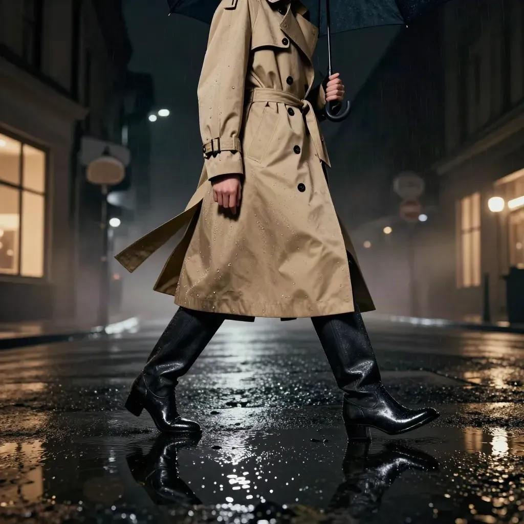 Rain-soaked trench coat, umbrella and boot heel at a city curb, seen through wet reflections.