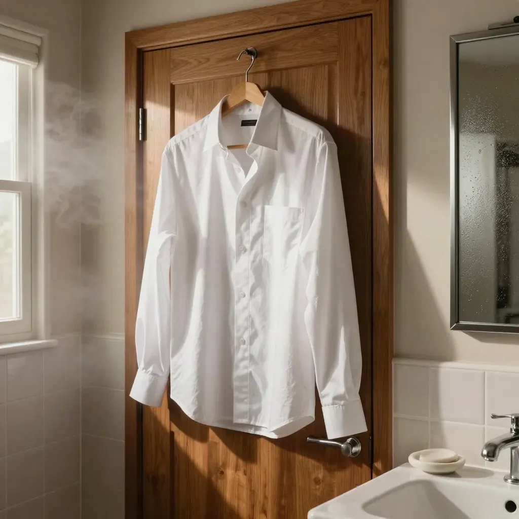 White shirt hanging open on a bathroom door beside steam, towel, soap dish, and a steamed mirror.