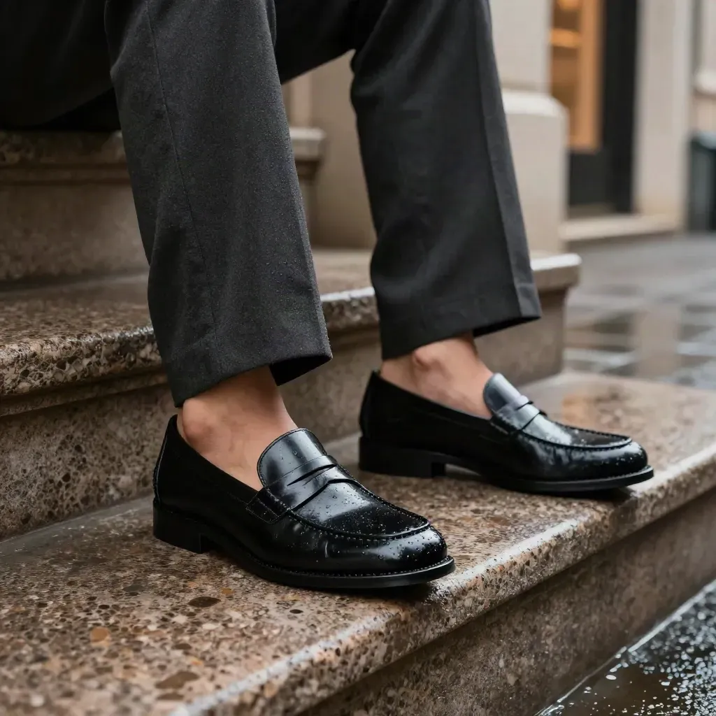 Polished black loafers and wide-leg trousers on a wet travertine step in rain