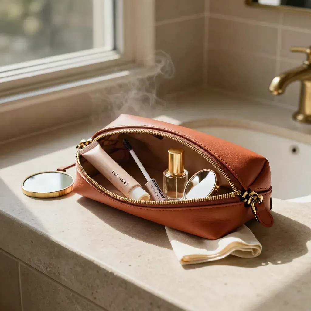 Open beauty pouch with lip balm, brow gel, scent bottle, mirror and tissue in bathroom steam.