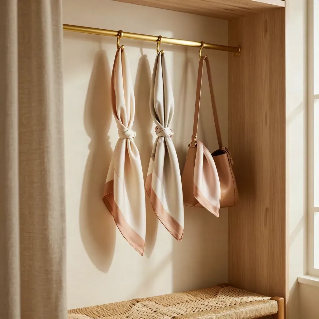 Three silk scarves knotted on a brass hook and bag handle in a sunlit entryway.