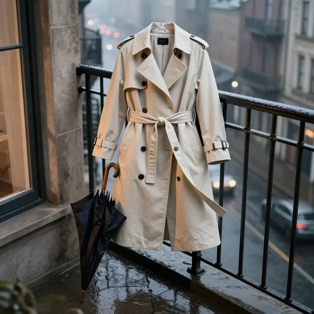 Cream trench coat on a balcony railing above a rainy street, with umbrella and distant headlights