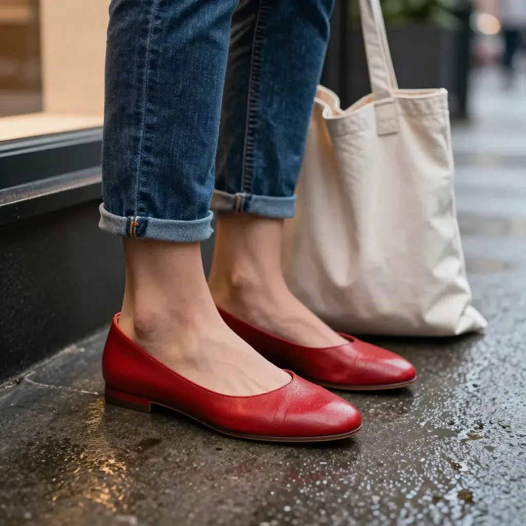 Blush-red flats and cropped denim on wet pavement beside a pale tote.