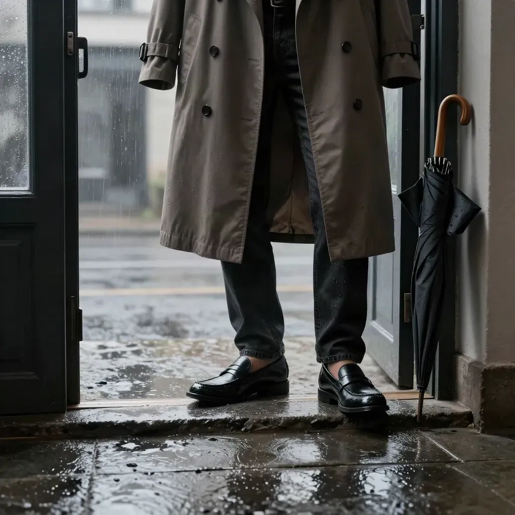 Rainy doorway with trench coat, black jeans, loafers, and an umbrella in moody light.