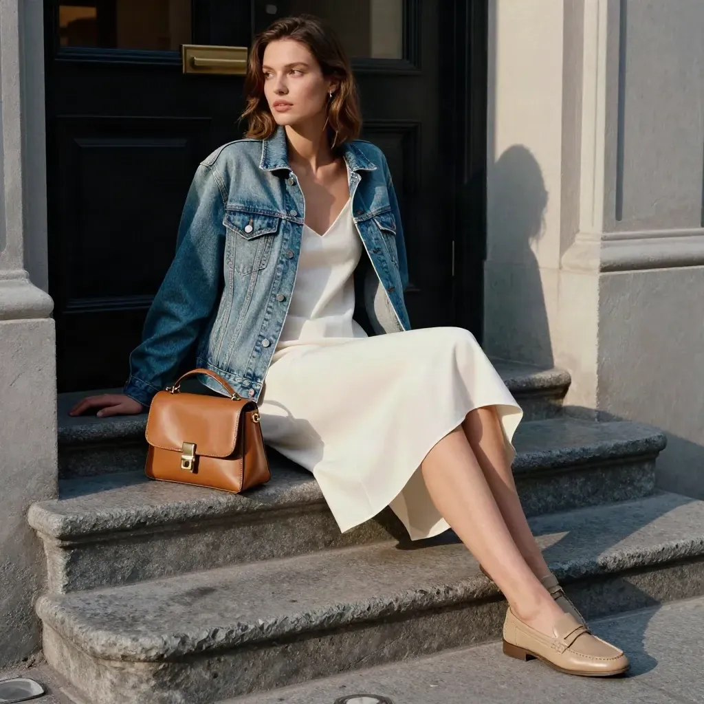 Denim jacket, ivory slip dress, loafers and shoulder bag on a breezy city stoop.