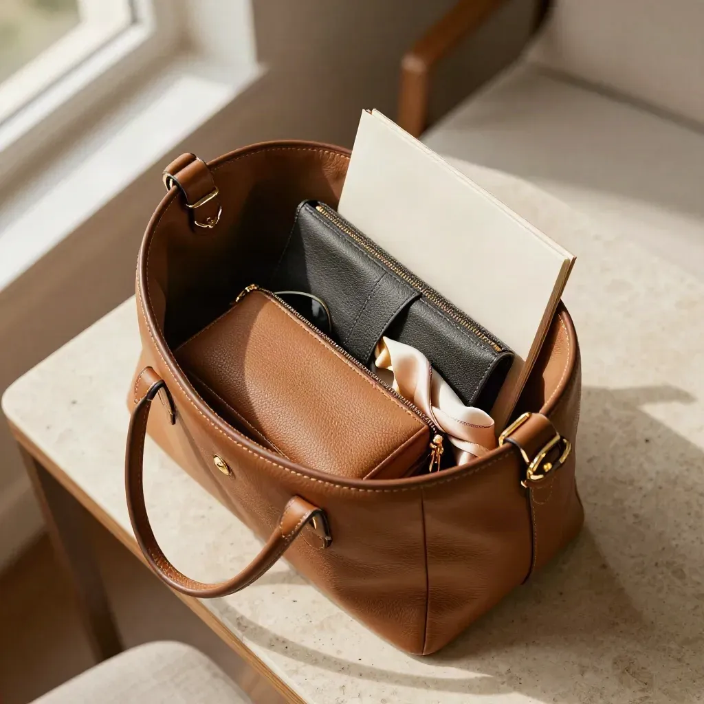 Open work tote packed with pouch, sunglasses case, scarf and insert on a travertine table.